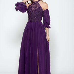 Detachable Sleeves Beaded Bodice Chiffon Skirt With Split